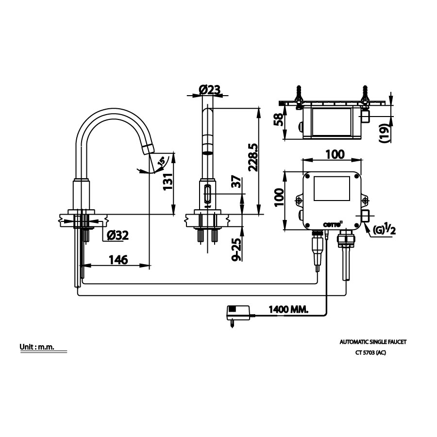 Bản vẽ kỹ thuật vòi lavabo cảm ứng COTTO dùng điện CT5703AC