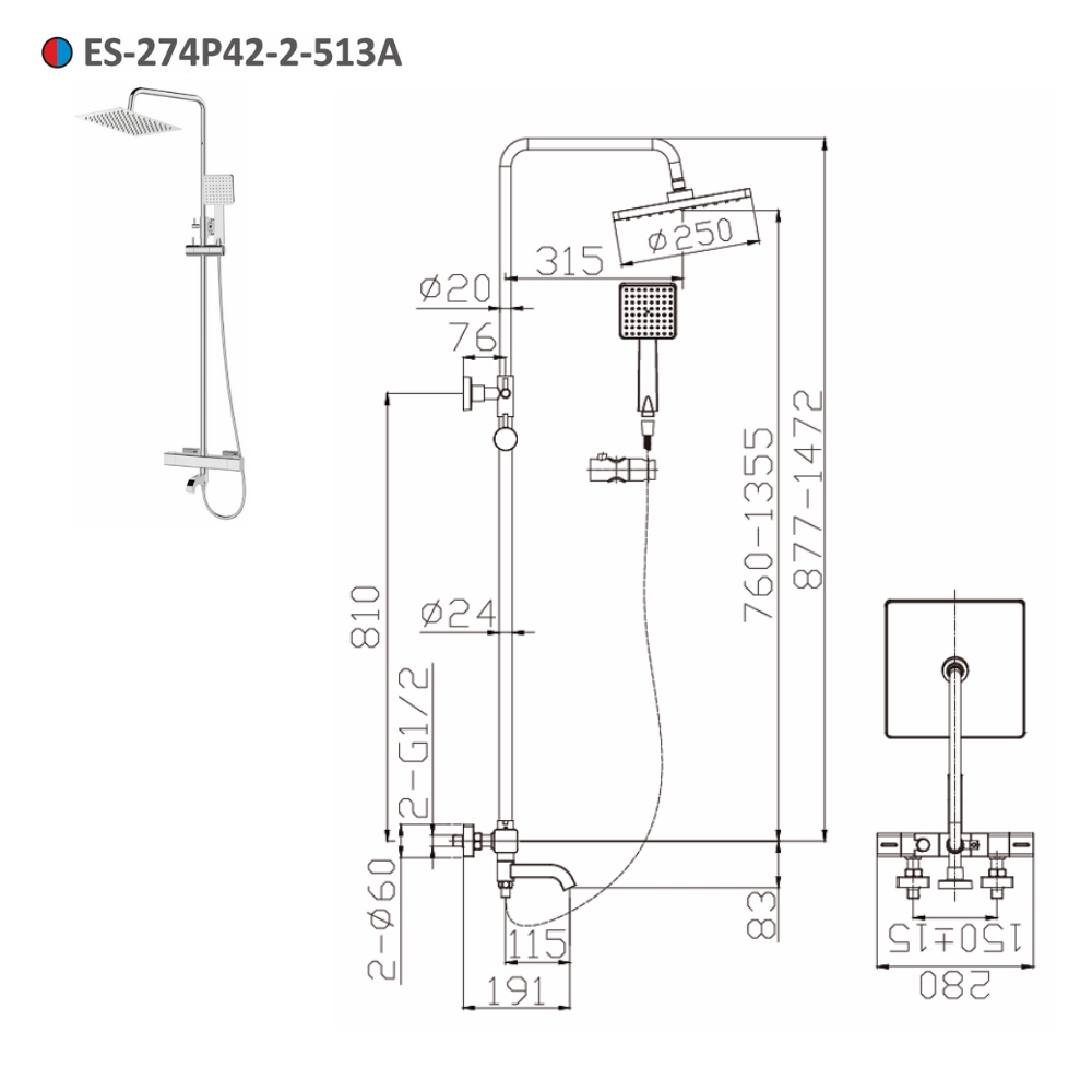 Bộ sen tắm cây đứng nhiệt độ Esslinger ES-274P42-2-513A