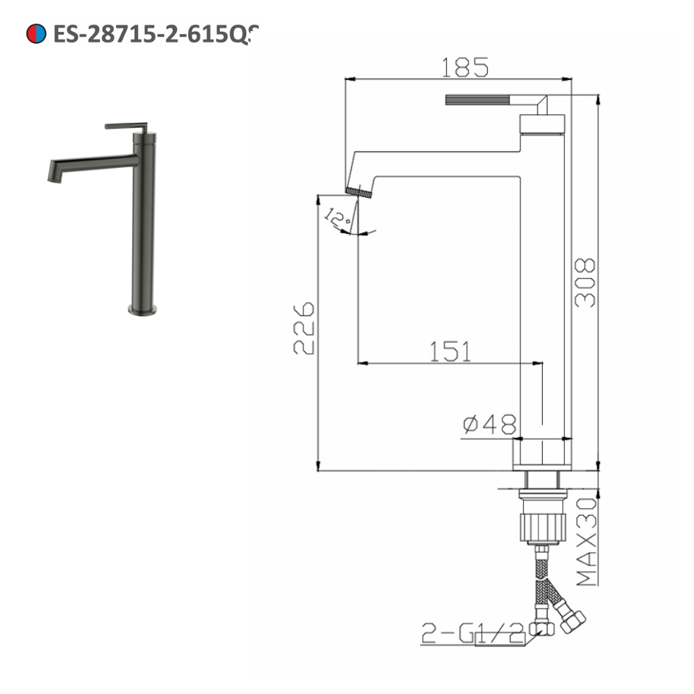 Vòi lavabo nóng lạnh thân cao Esslinger ES-28715-2-615QS