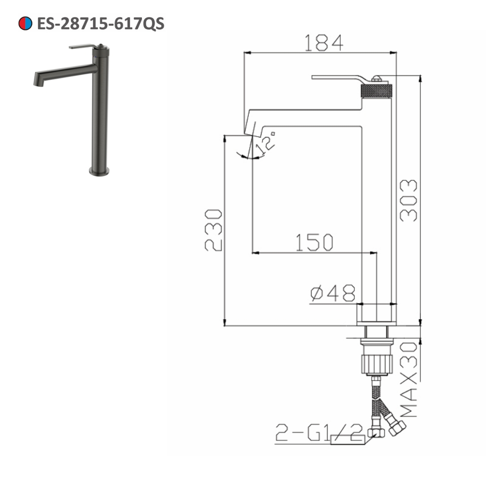 Vòi lavabo nóng lạnh thân cao Esslinger ES-28715-617QS