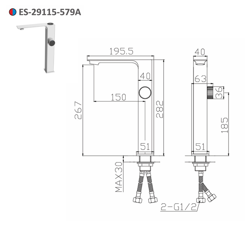 Vòi lavabo nóng lạnh thân cao Esslinger ES-29115-579A