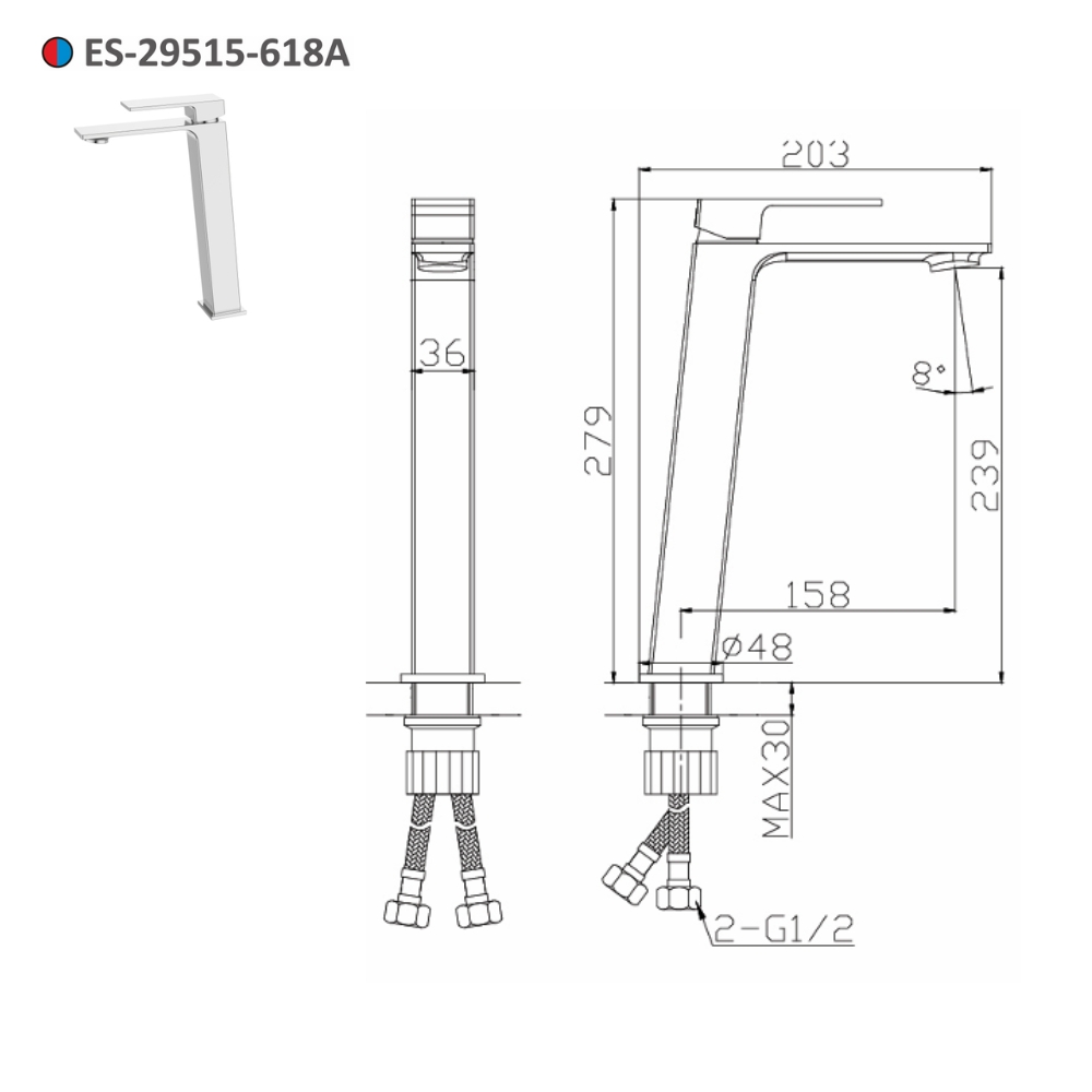 Vòi lavabo nóng lạnh thân cao Esslinger ES-29515-618A