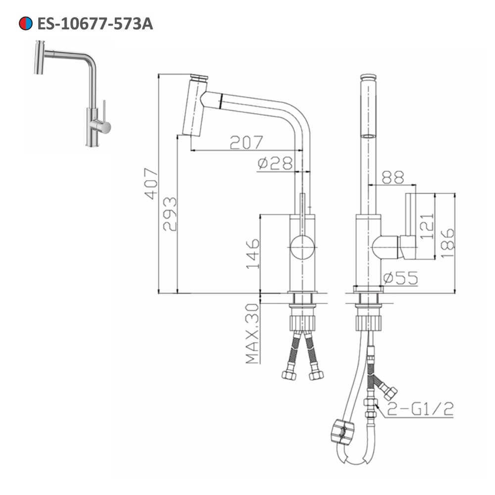 Vòi bếp nóng lạnh dây rút Esslinger ES-10677-573A