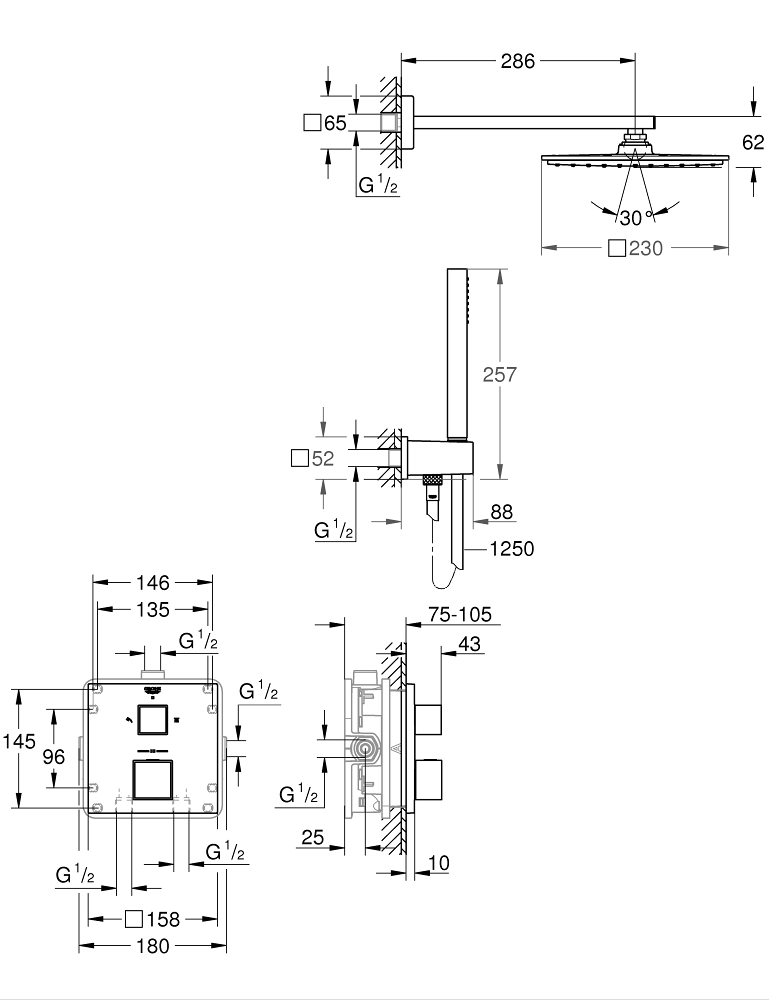 Bộ sen âm tường ổn nhiệt vuông Allure 230 GROHE 34741000