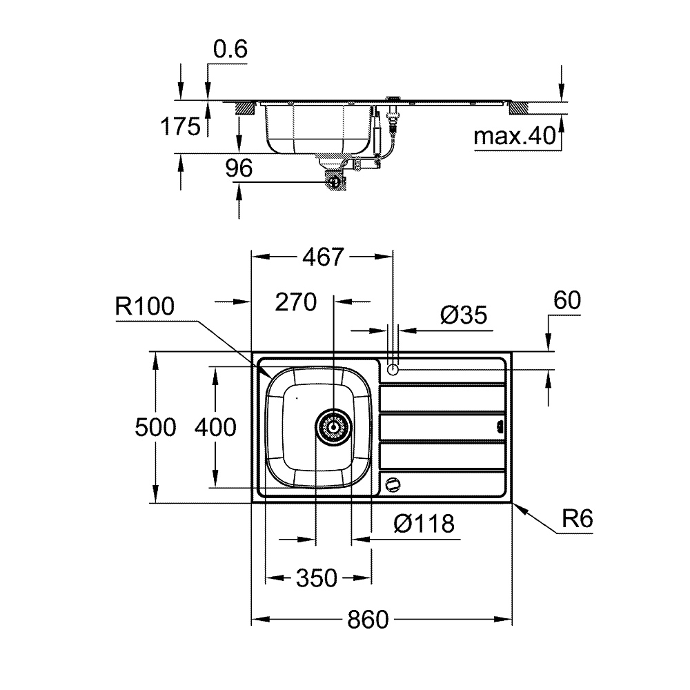 Chậu rửa chén 1 hộc cánh trái K200 GROHE 31552SD1