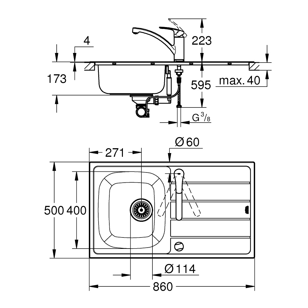 Chậu rửa chén 1 hộc cánh trái Eurosmart GROHE 31565SD1