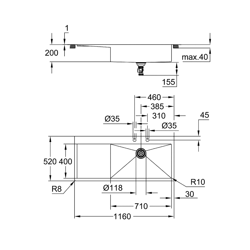Chậu rửa chén 1 hộc cánh trái K1000 GROHE 31582SD1