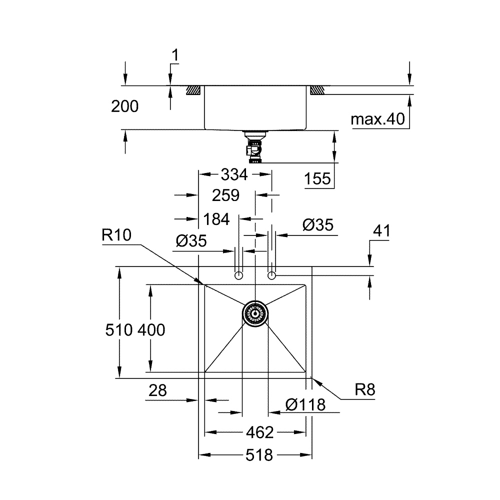Chậu rửa chén 1 hộc K800 GROHE 31583SD1