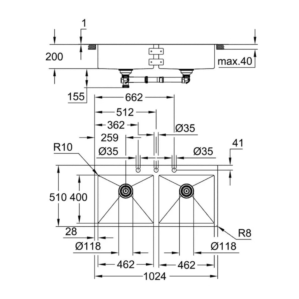 Chậu rửa chén 2 hộc AISI 304 K800 GROHE 31585SD1