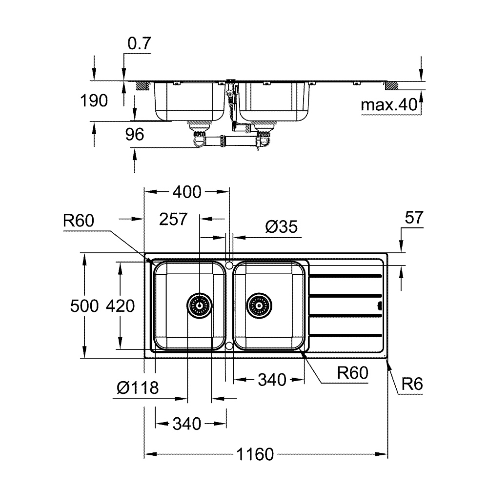 Chậu rửa chén 2 hộc cánh trái K500 GROHE 31588SD1