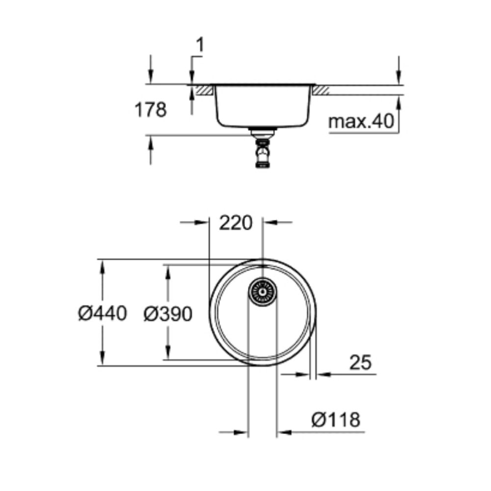 Chậu rửa chén 1 hộc tròn K200 GROHE 31720SD0