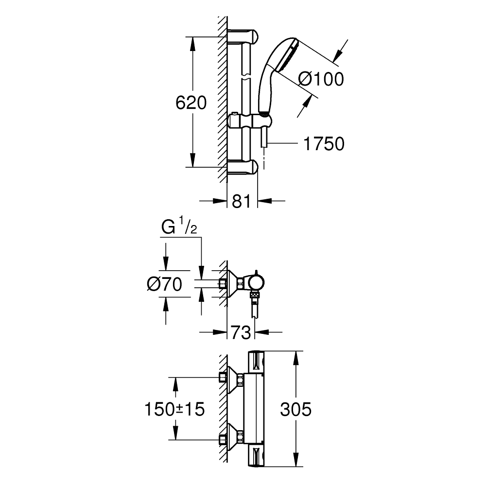 Bộ sen tắm nhiệt độ kèm thanh trượt Grohtherm 800 GROHE 34565001