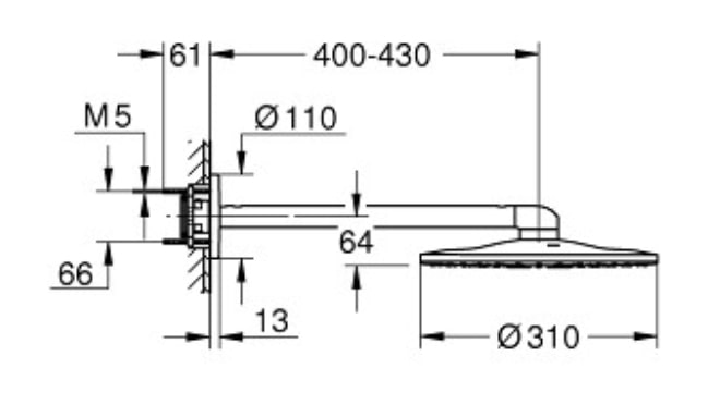 Bản vẽ kỹ thuật bát sen tắm âm tường gắn trần Rainshower SmartActive 310 GROHE 26475000