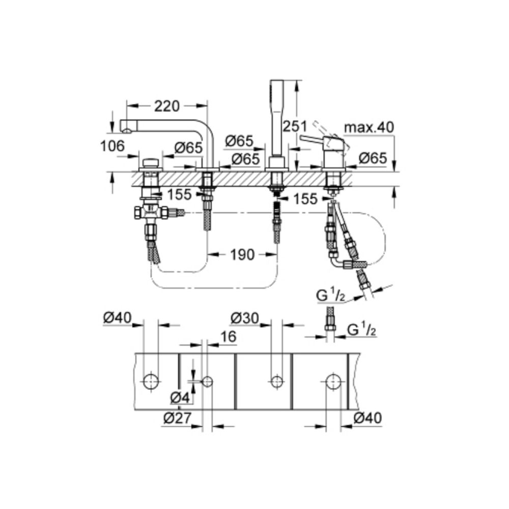Vòi bồn tắm 4 lỗ nóng lạnh kèm tay sen Concetto GROHE 19576002