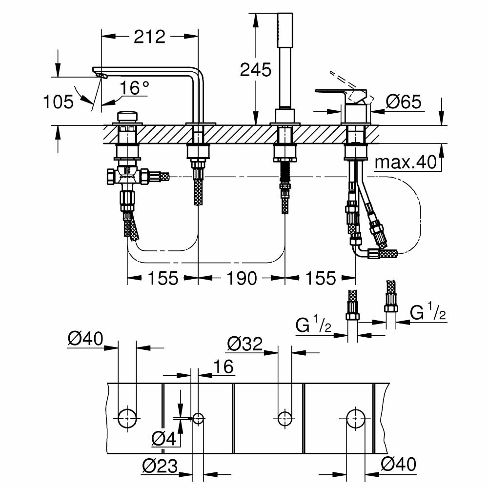 Bản vẽ kỹ thuật vòi bồn tắm 19577001 Grohe Lineare New