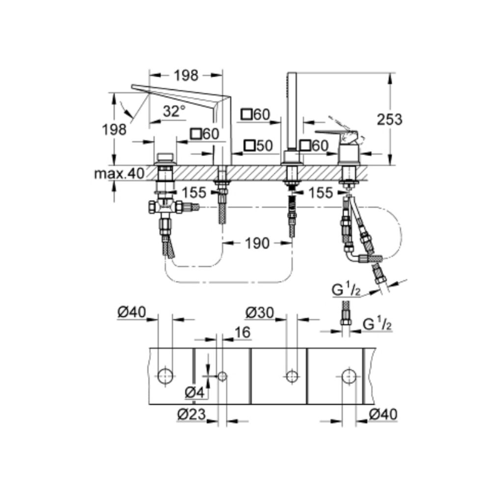 Vòi bồn tắm 4 lỗ nóng lạnh kèm tay sen Allure Brilliant GROHE 19787001