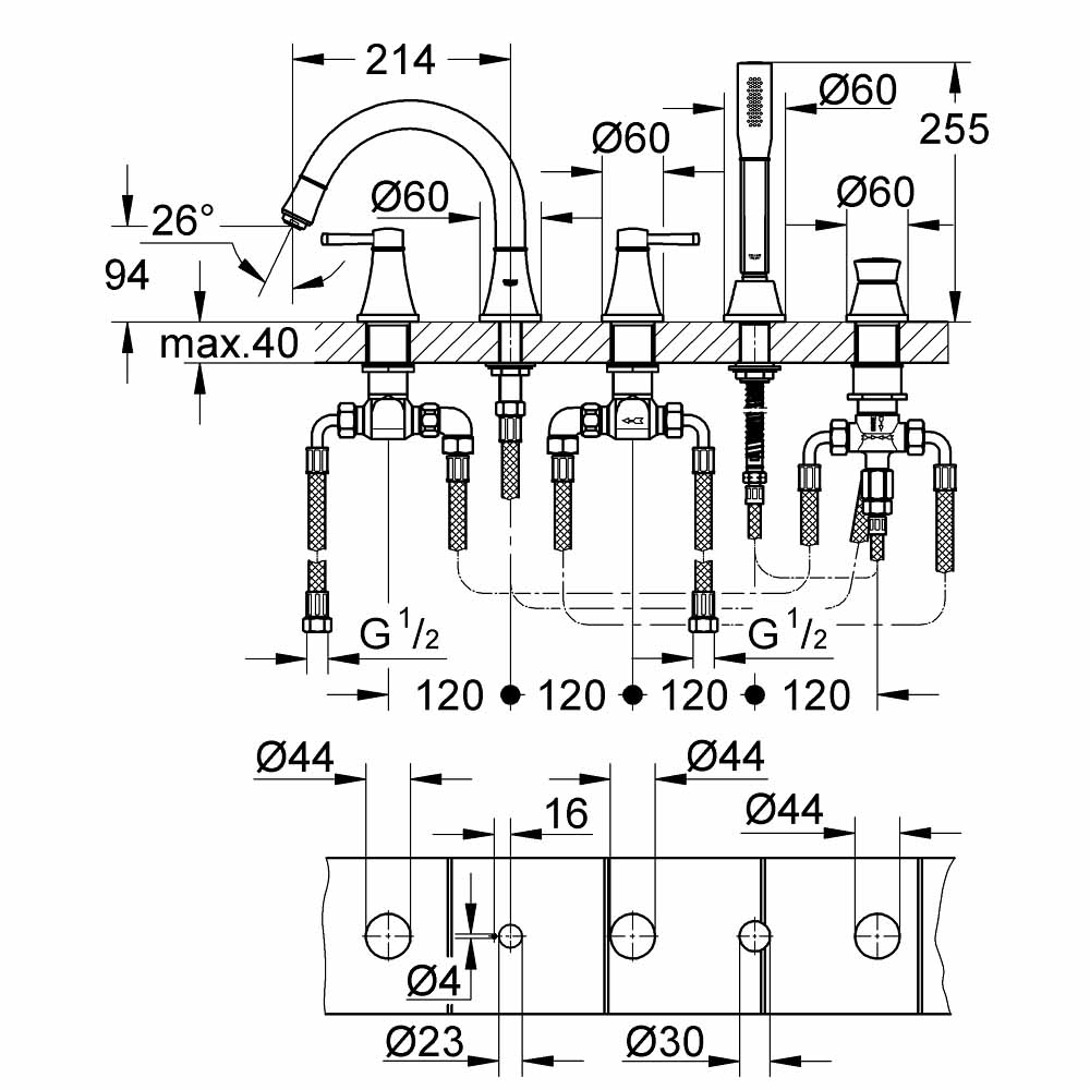 Vòi bồn tắm 5 lỗ nóng lạnh kèm tay sen Grandera GROHE 19919000