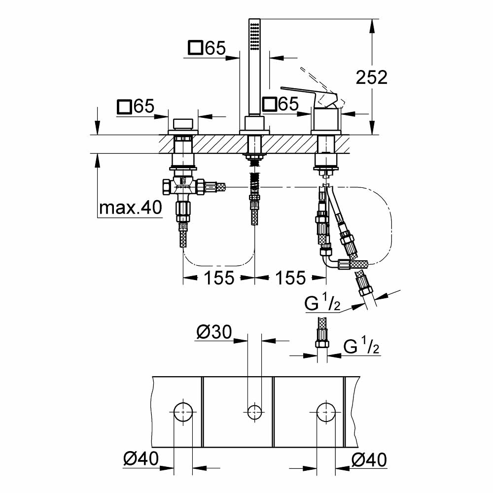Vòi bồn tắm 3 lỗ nóng lạnh kèm tay sen Eurocube GROHE 19966000
