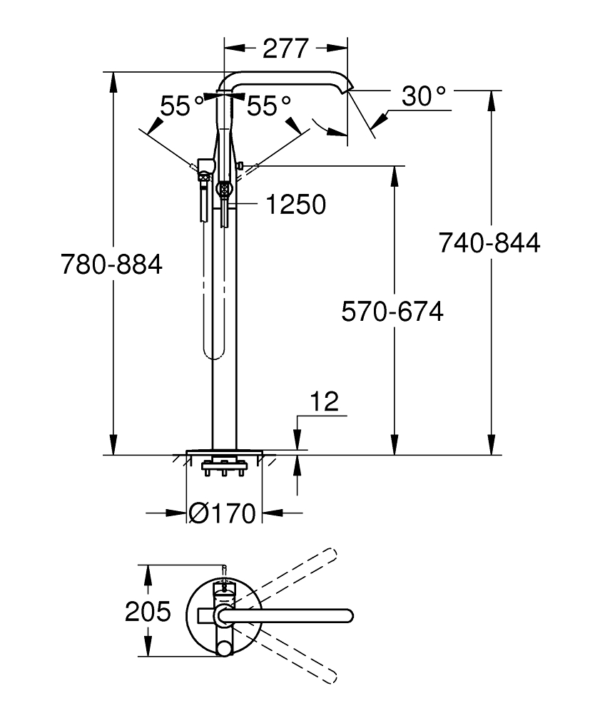 Bản vẽ kỹ thuật vòi sen xả bồn tắm đặt sàn Essence GROHE 23491GL1