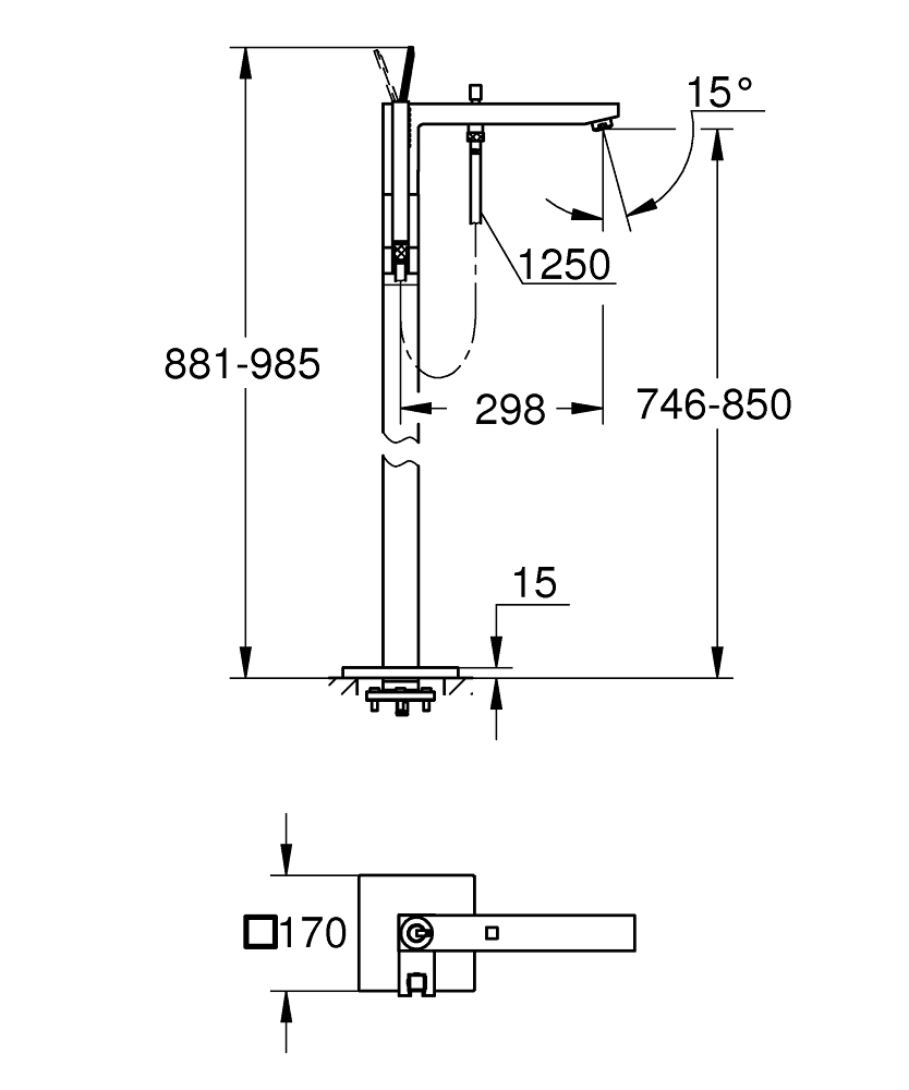 Bản vẽ kỹ thuật vòi tắm đặt sàn Eurocube Joy GROHE 23667001