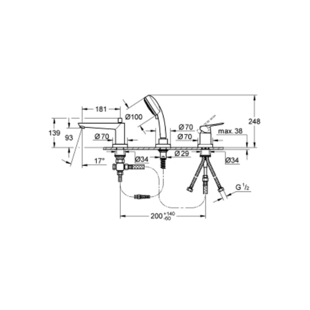 Vòi bồn tắm 3 lỗ nóng lạnh kèm tay sen Bauedge GROHE 25117000