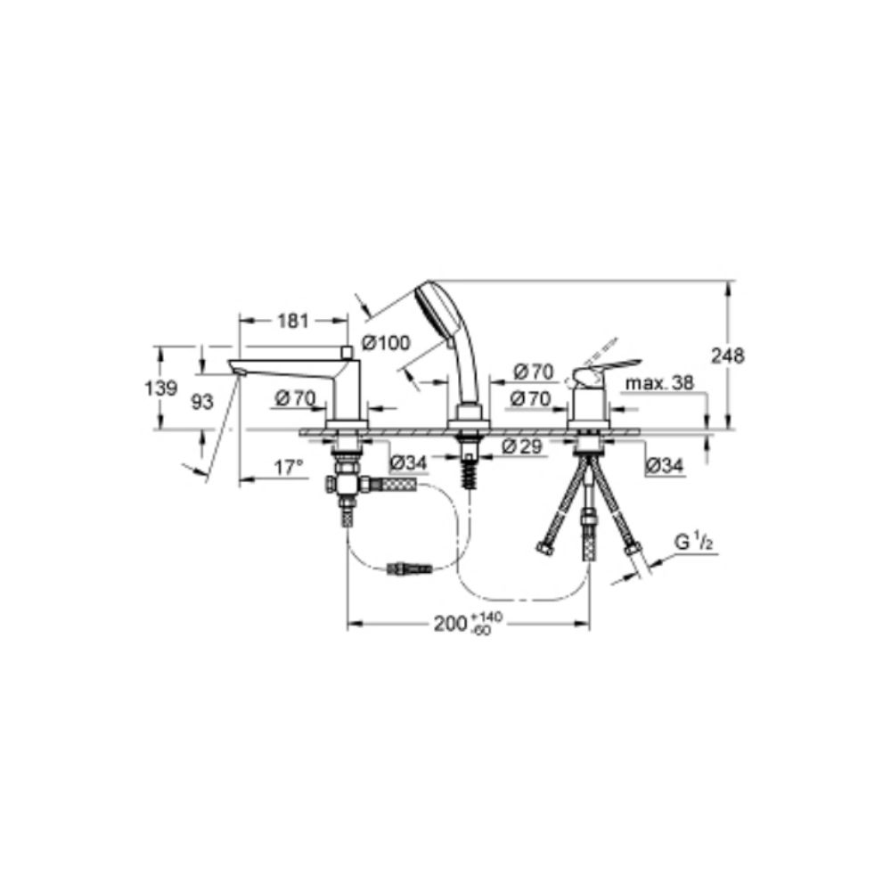 Vòi bồn tắm 3 lỗ nóng lạnh kèm tay sen BauEdge GROHE 25117ALC