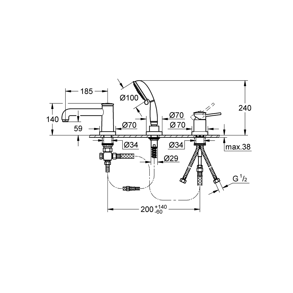 Vòi bồn tắm 3 lỗ nóng lạnh kèm tay sen BauClassic GROHE 2511800A
