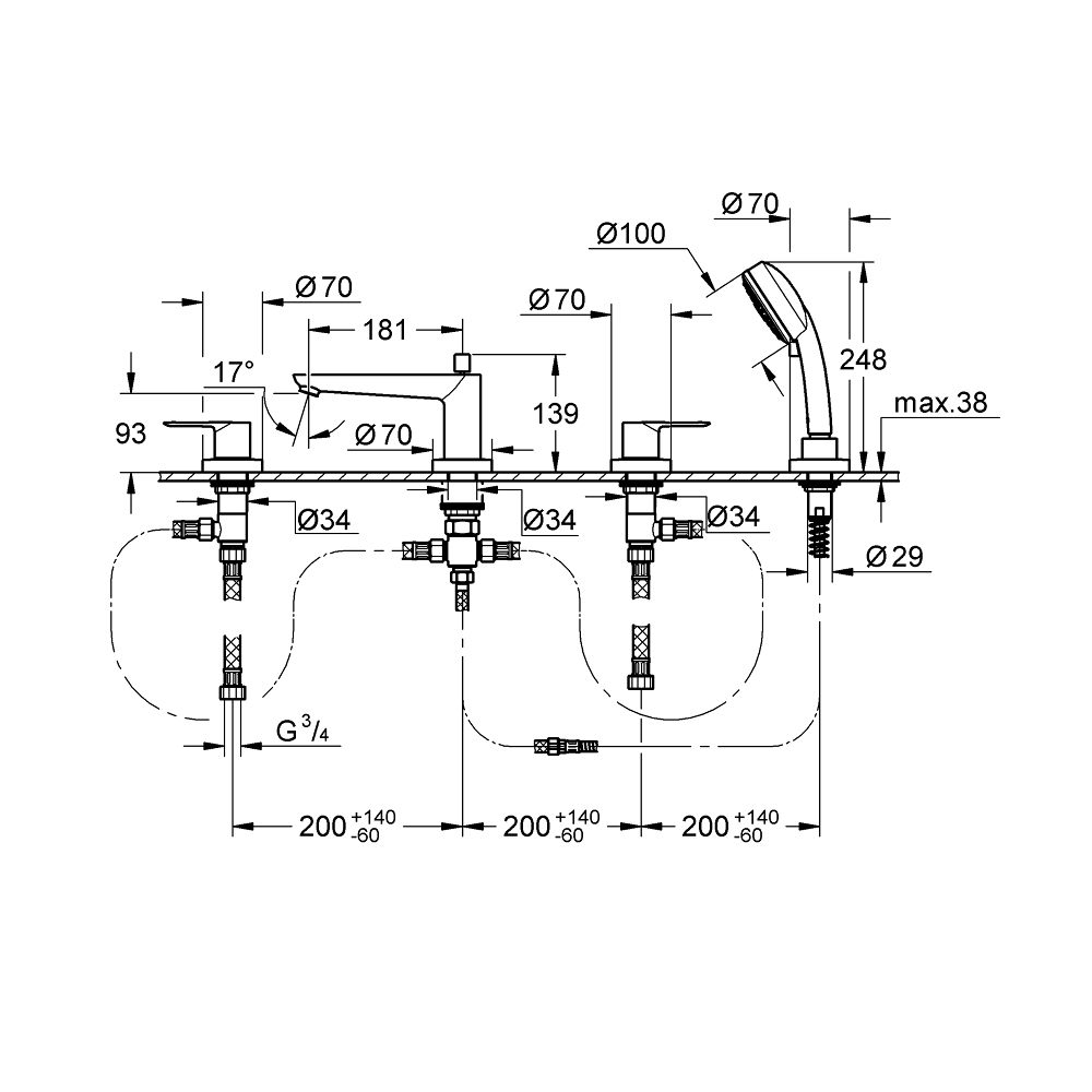 Vòi bồn tắm 4 lỗ nóng lạnh kèm tay sen BauLoop GROHE 2511900A