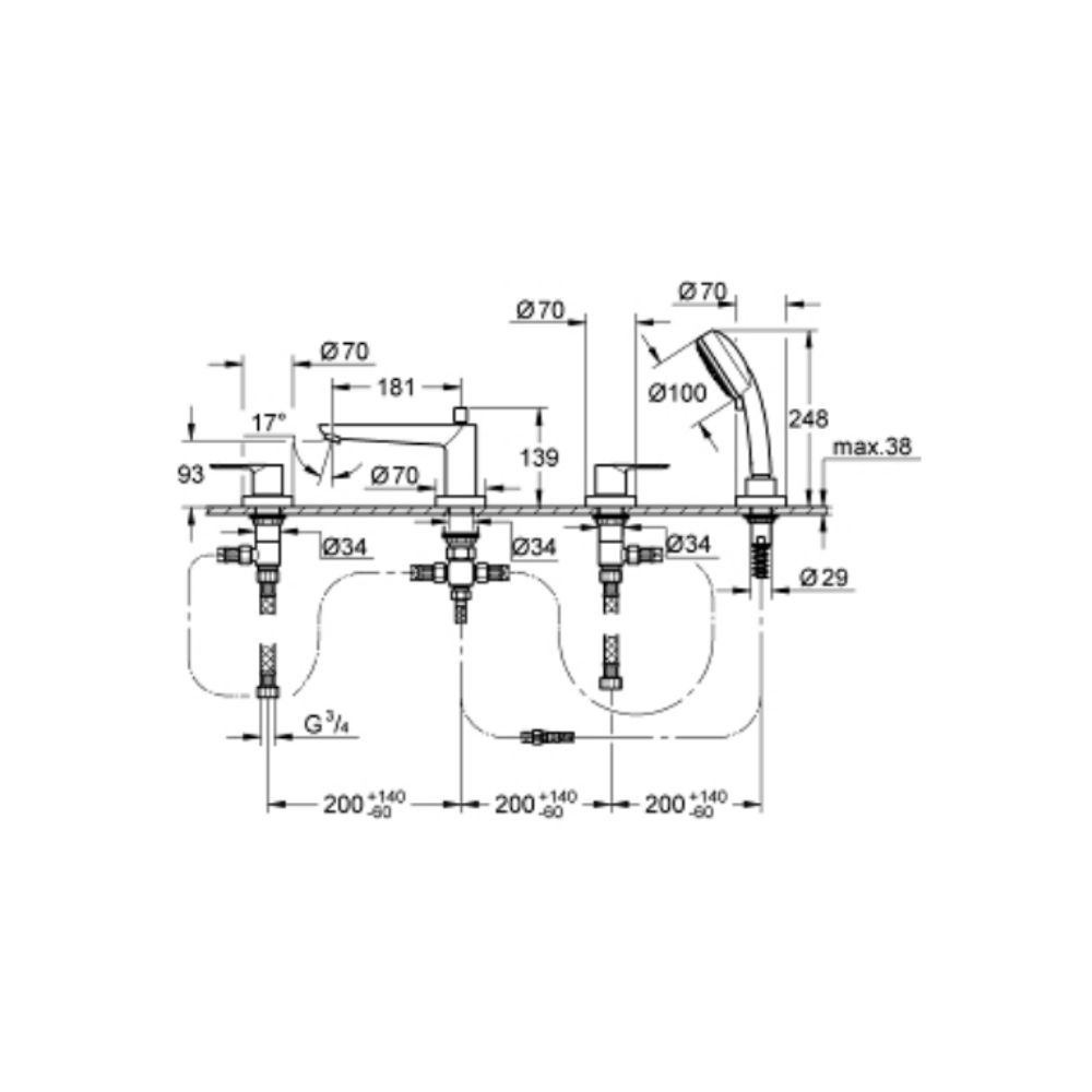 Vòi bồn tắm 4 lỗ nóng lạnh kèm tay sen BauEdge GROHE 2512000A
