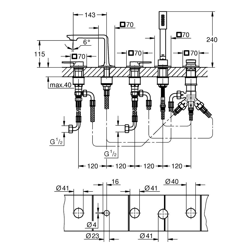 Vòi bồn tắm 5 lỗ nóng lạnh kèm tay sen Allure GROHE 25221001