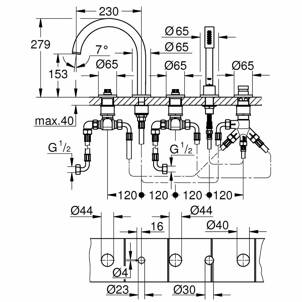 Vòi bồn tắm 5 lỗ nóng lạnh kèm tay sen Atrio GROHE 25224000