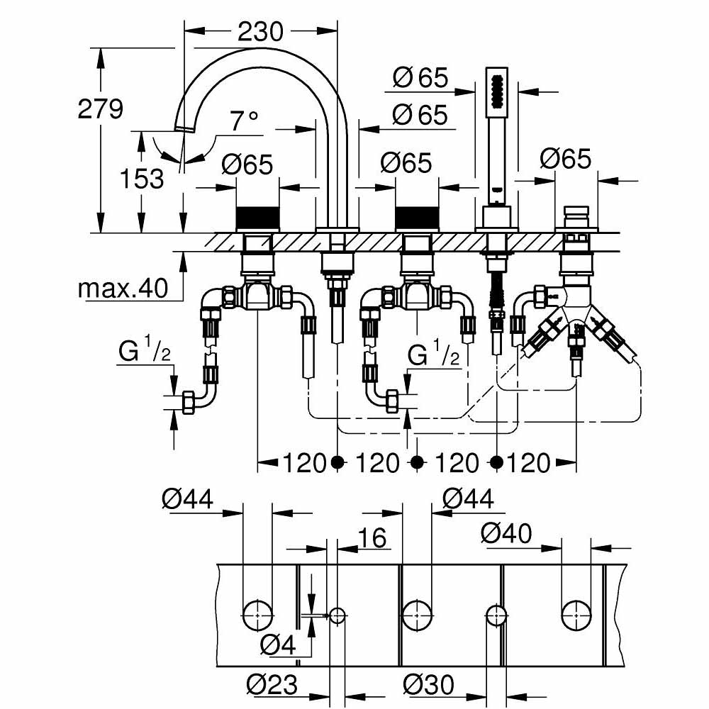 Vòi bồn tắm 5 lỗ nóng lạnh kèm tay sen Atrio GROHE 25226000