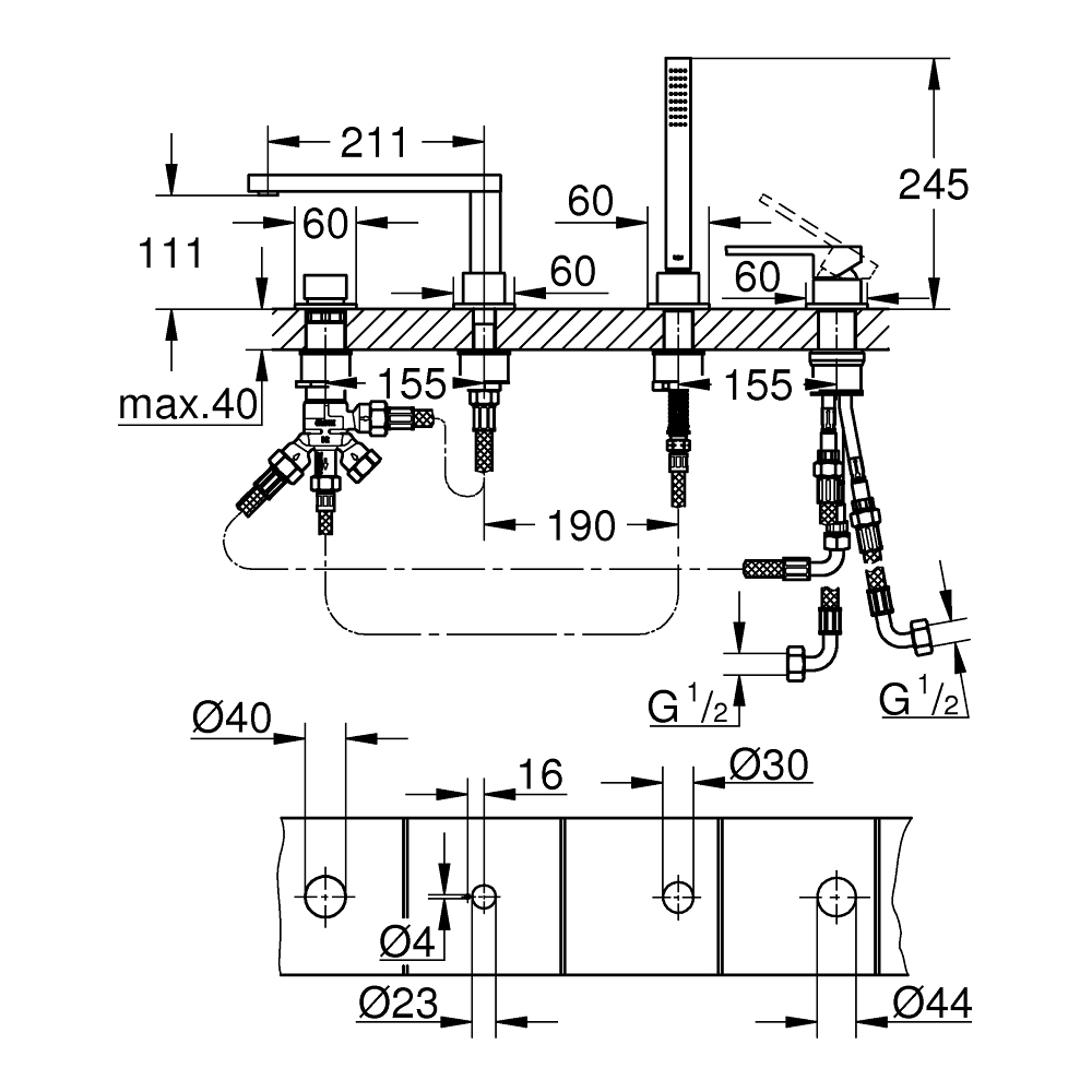 Vòi bồn tắm 4 lỗ nóng lạnh kèm tay sen Plus GROHE 29307003