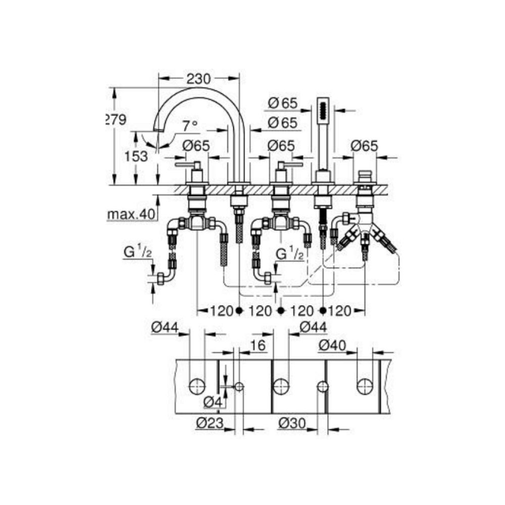 Vòi bồn tắm 5 lỗ nóng lạnh kèm tay sen Atrio GROHE 29407000