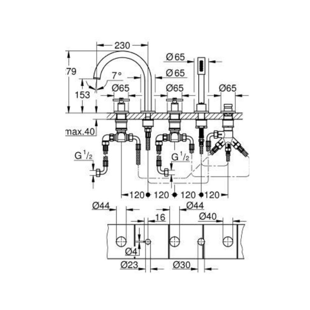 Vòi bồn tắm 5 lỗ nóng lạnh kèm tay sen Atrio GROHE 29408000