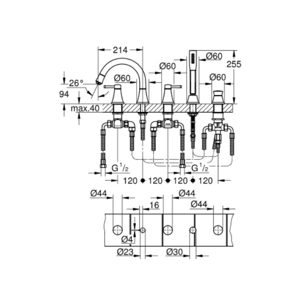 Vòi bồn tắm 5 lỗ nóng lạnh kèm tay sen Grandera GROHE 29415IG0