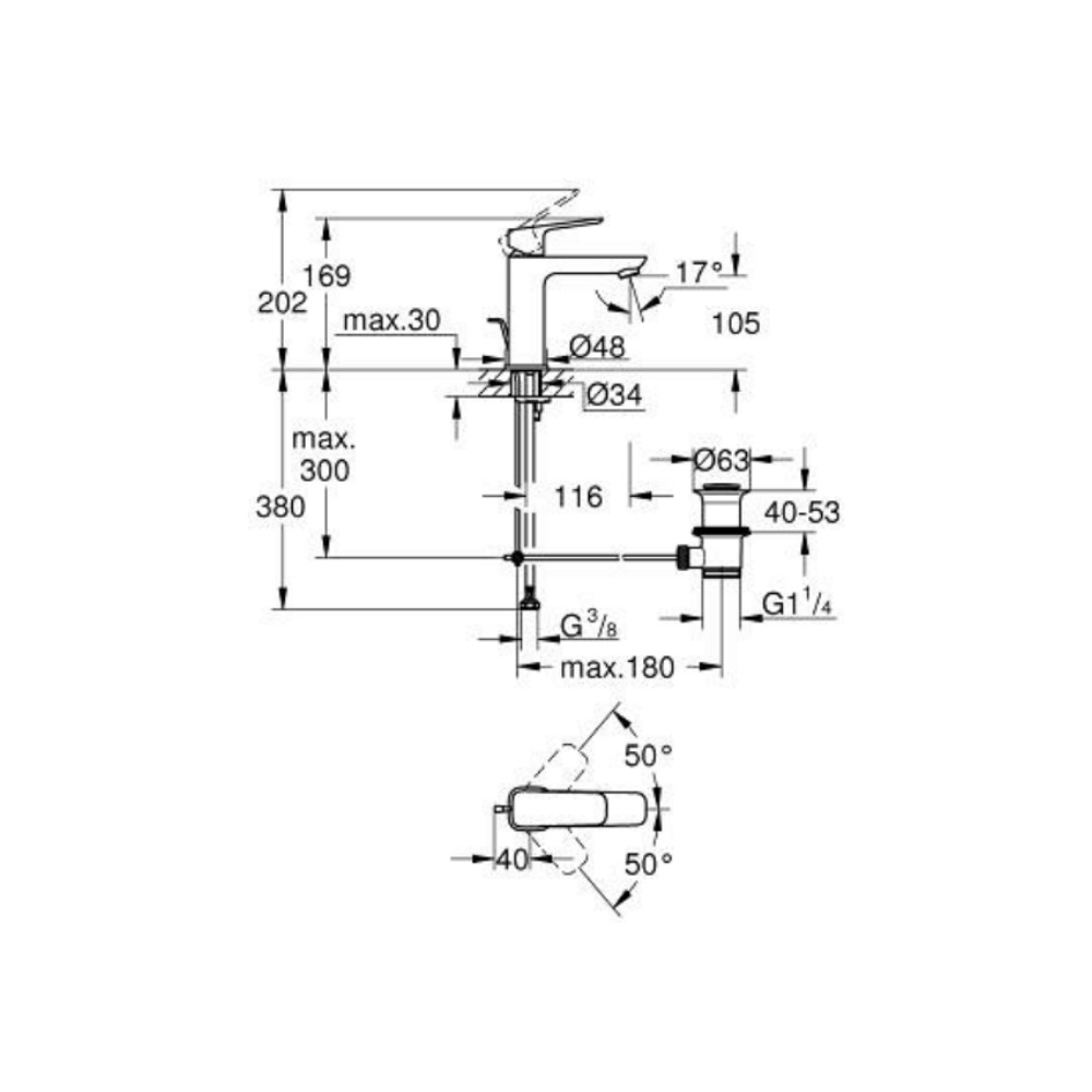 Bản vẽ kỹ thuật vòi chậu nóng lạnh Cubeo M-size GROHE 1017490000