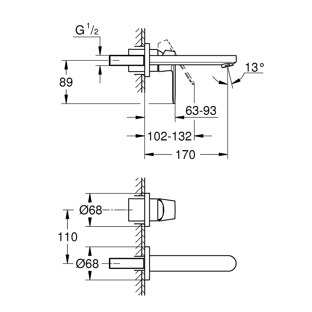 Vòi chậu nóng lạnh gắn tường 2 lỗ Eurosmart Cosmopolitan GROHE 19381000