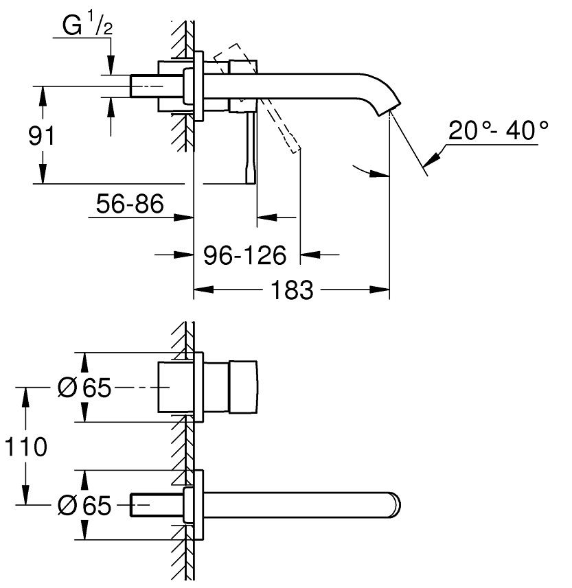 Vòi lavabo gắn tường nóng lạnh 2 lỗ Essence New Grohe 19408001