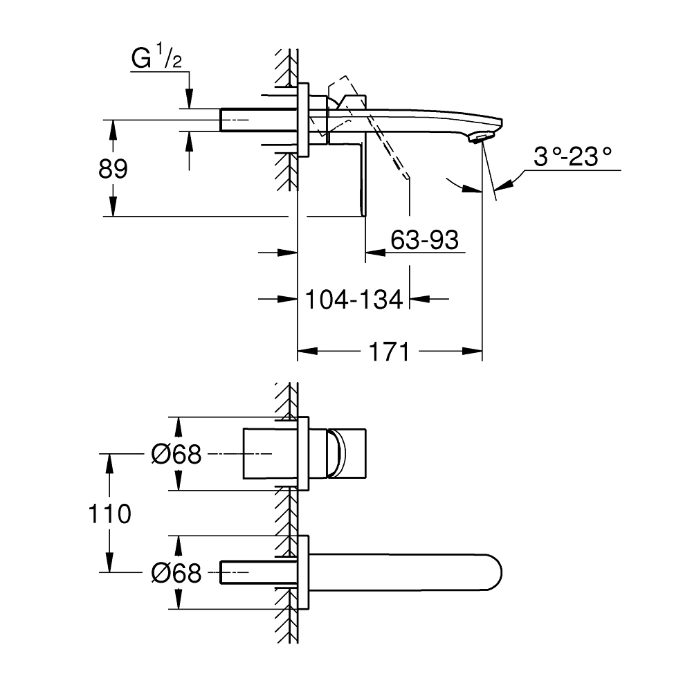 Vòi chậu gắn tường nóng lạnh 2 lỗ Eurostyle Cosmopolitan GROHE 19571002