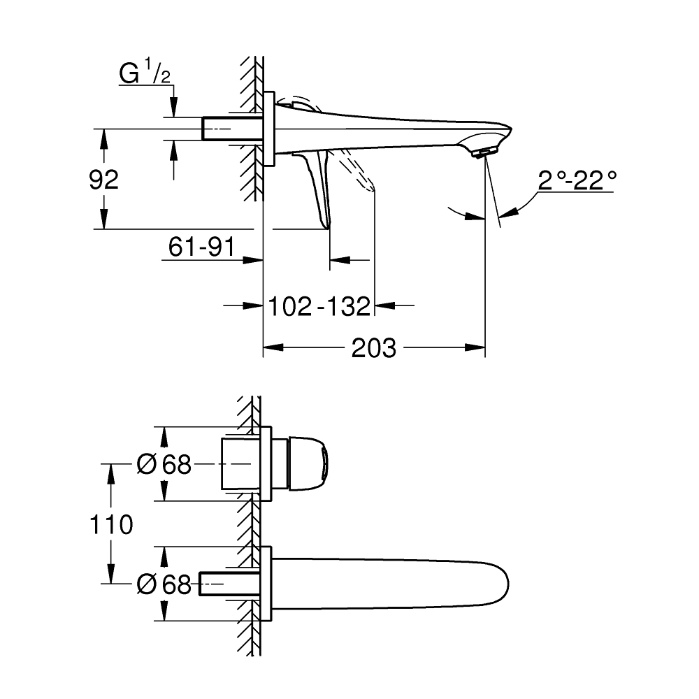Vòi chậu gắn tường nóng lạnh 2 lỗ Eurostyle GROHE 19571003