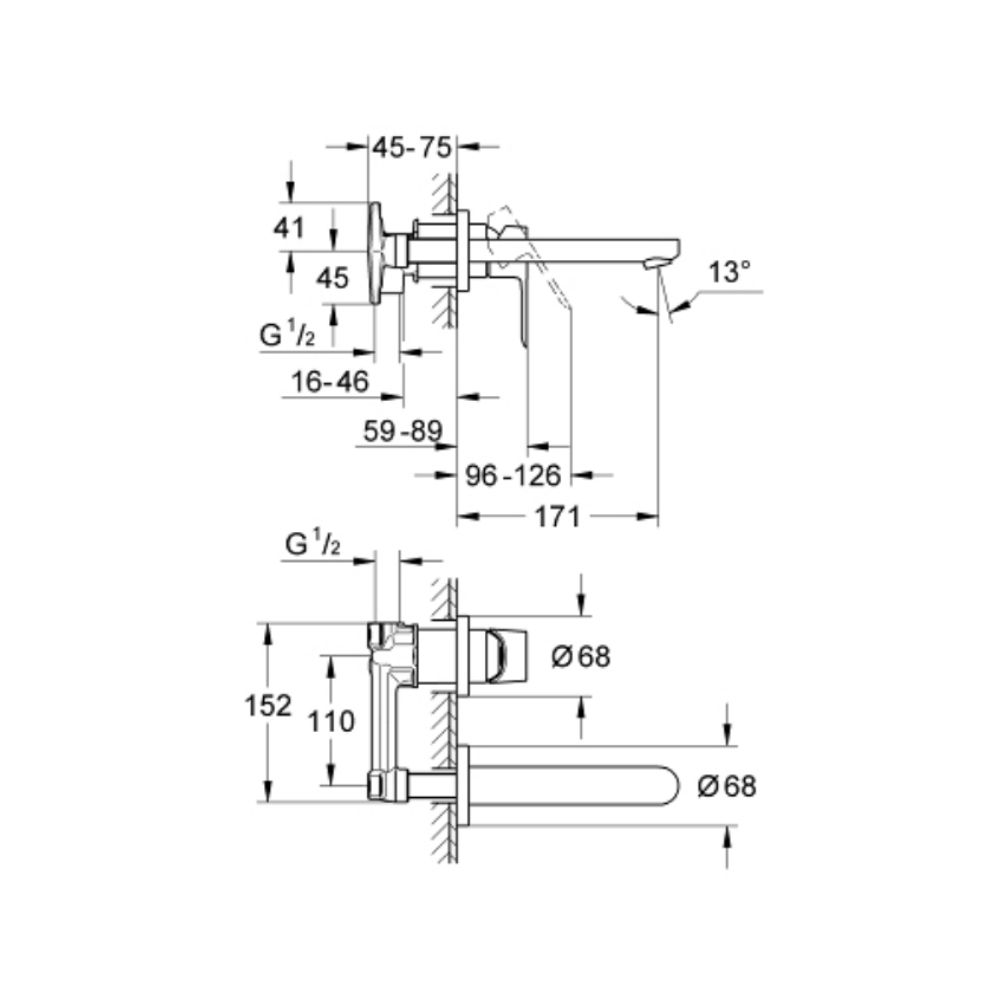 Vòi chậu gắn tường nóng lạnh 2 lỗ BauLoop GROHE 20289000