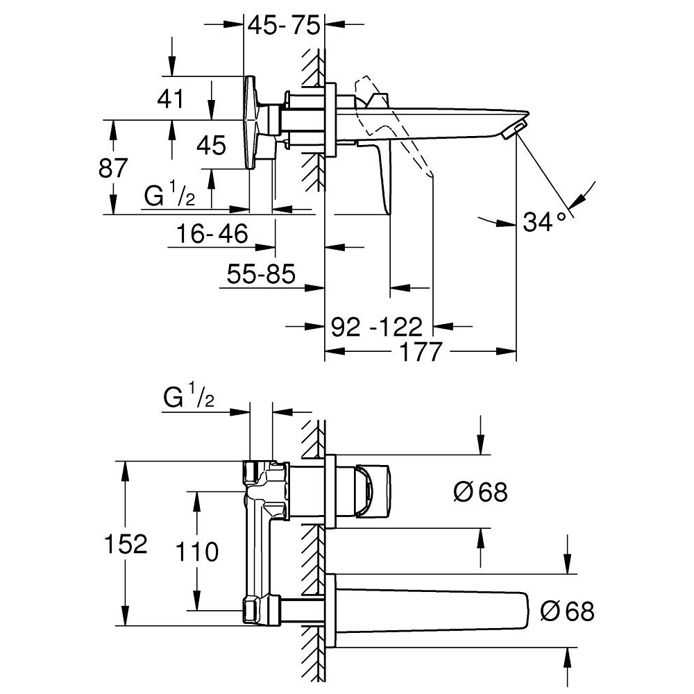 Vòi chậu gắn tường nóng lạnh 2 lỗ BauLoop GROHE 20289001