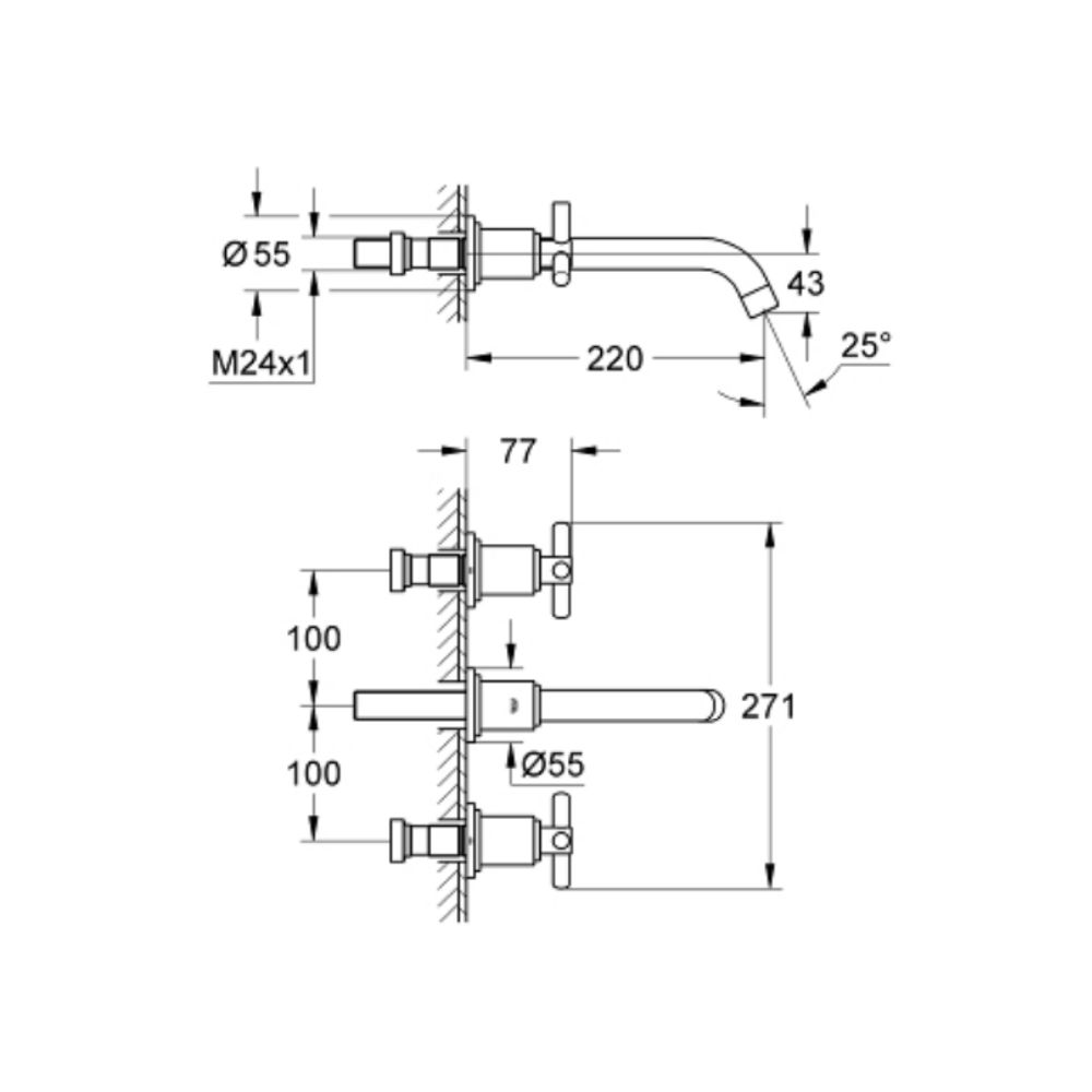Vòi chậu gắn tường nóng lạnh 3 lỗ Atrio M-size GROHE 20387000