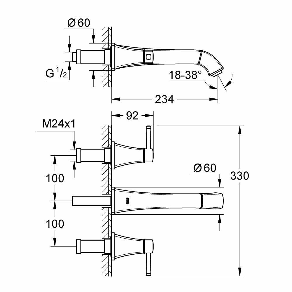 Vòi chậu nóng lạnh gắn tường 3 lỗ Grandera GROHE 20415000
