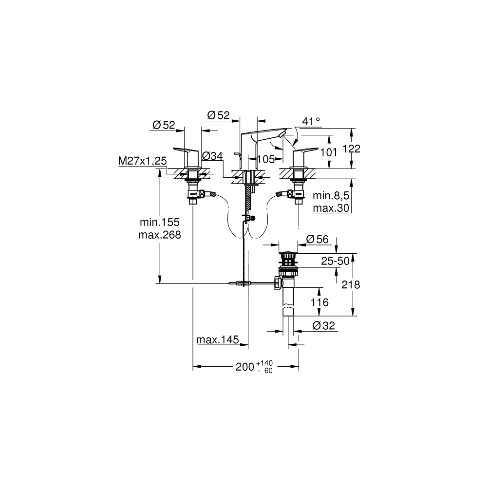 Vòi chậu nóng lạnh 3 lỗ BauEdge GROHE 20473001