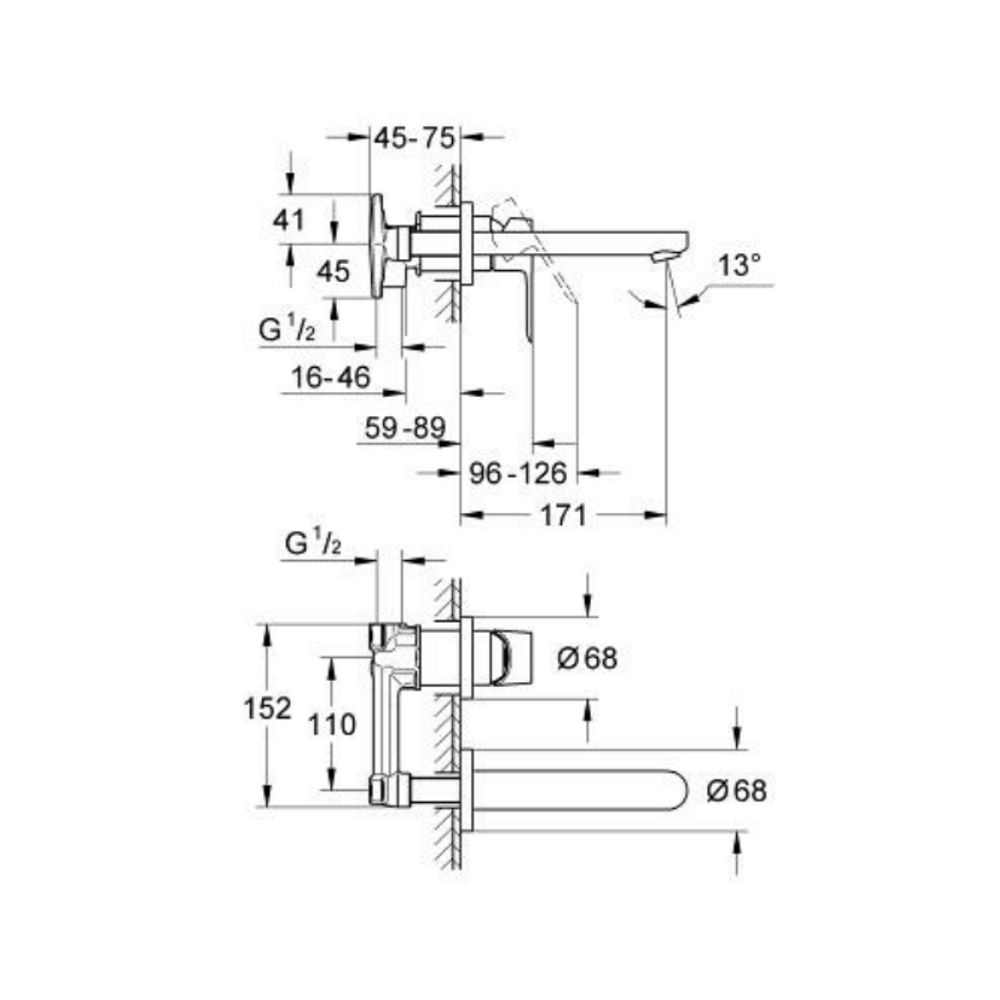 Vòi chậu gắn tường nóng lạnh 2 lỗ BauEdge GROHE 20474000