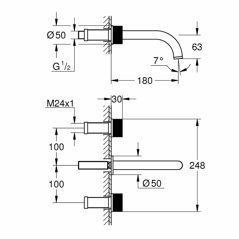 Vòi chậu nóng lạnh gắn tường 3 lỗ Atrio GROHE 20589000