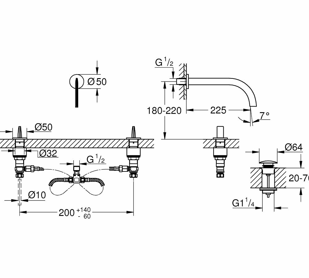 Vòi chậu gắn tường nóng lạnh 3 lỗ Atrio GROHE 20614SD0