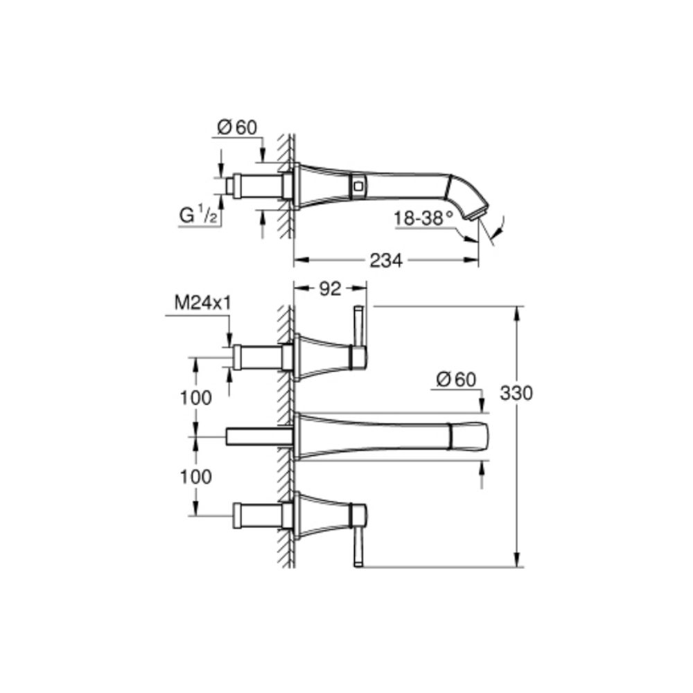 Vòi chậu gắn tường nóng lạnh 3 lỗ Grandera L-size GROHE 20623IG0
